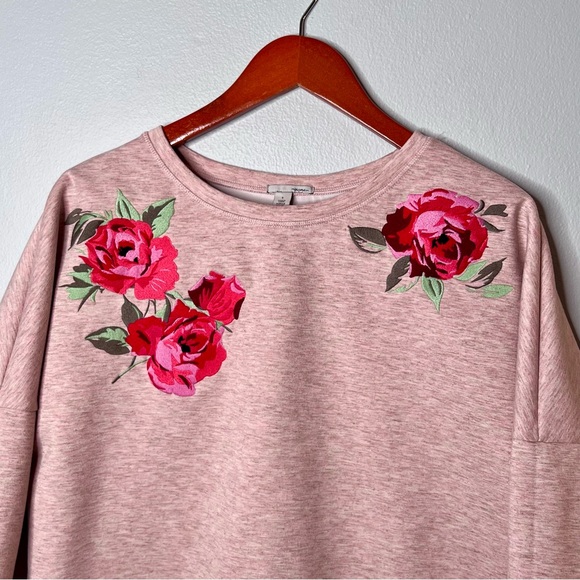 Halogen Oversized Heather Pink Sweatshirt Small Embroidered Roses Dolman Sleeves - Picture 5 of 14